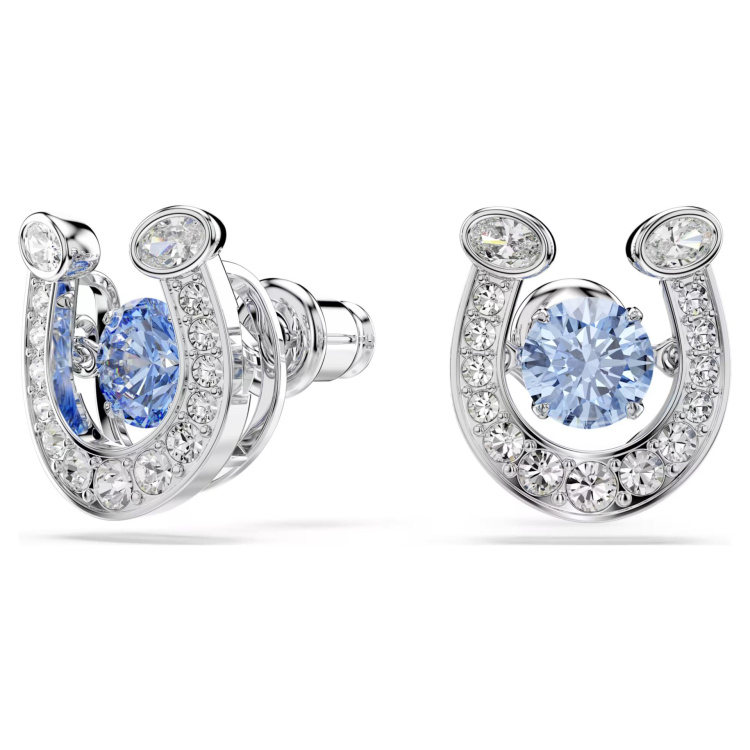 Symbolica stud earrings Round cut, Pavé, Horse shoe, Blue, Rhodium plated